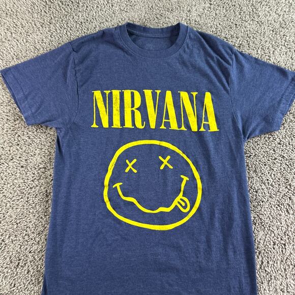 Nirvana Shirt Womens Medium Blue Yellow Smiley Print Grunge Kurt Cobain Ladies - Picture 3 of 9